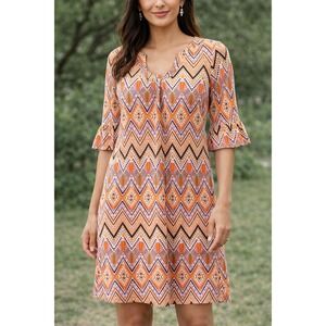 Aryeh Geometric Chevron Print Orange Pink Shift Dress Stretch Boho Size S